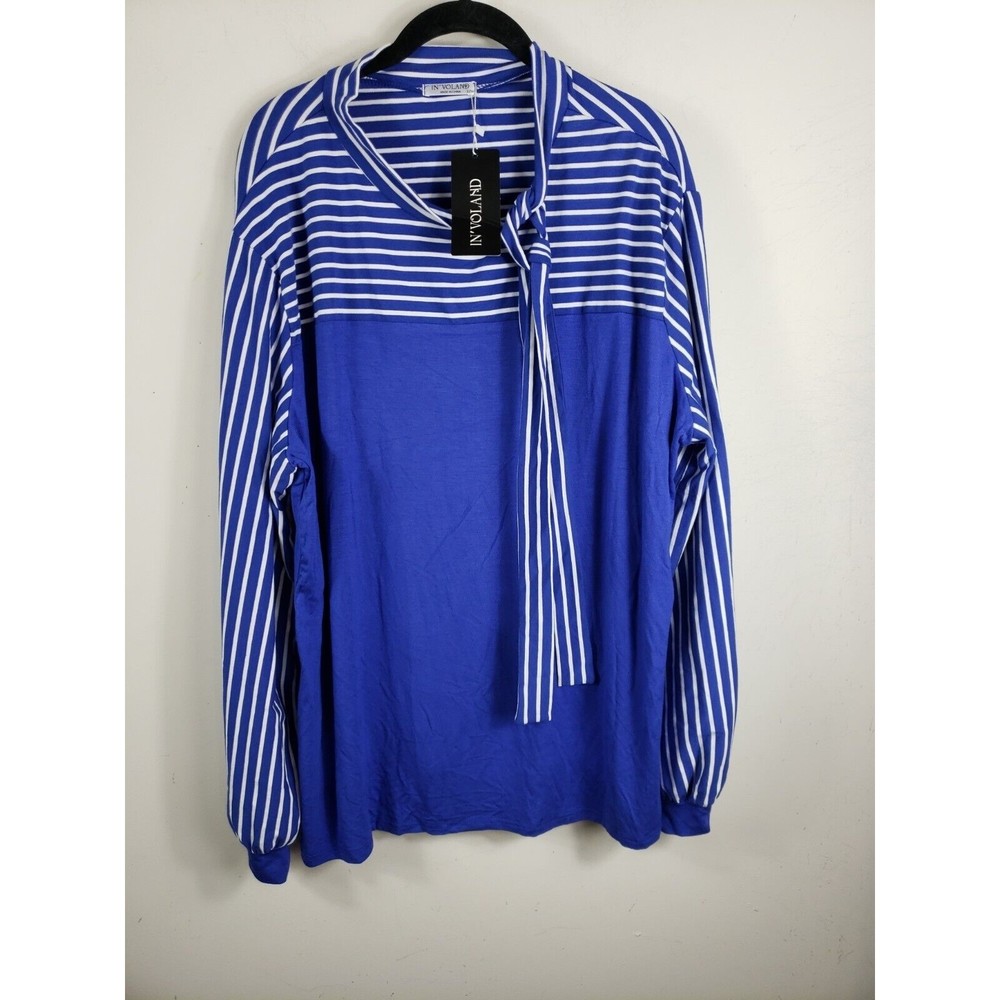 In' Voland Women's 22W Blue White Stretch Blouse NEW
